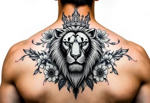 powerful majestic lion with a crown, surrounded by floral ornaments and birds tattoo idea