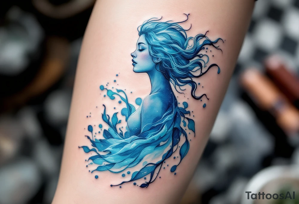 An Aquarius figure, in shades of ice blue and transparent silver emerging from sae wave. tattoo idea