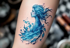 An Aquarius figure, in shades of ice blue and transparent silver emerging from sae wave. tattoo idea