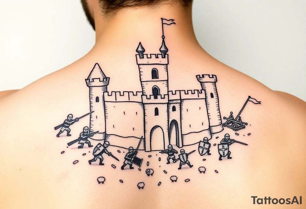 "Sketch-style or blackwork tattoo of a stylized medieval castle inspired by Age of Empires IV, with tiny funny knights clumsily fighting around it. Some are swinging swords too big for them, others are hiding behind shields or chasing sheep. Include small battlefield chaos like broken ladders, dropped flags, or a trebuchet misfiring. Light-hearted and humorous, drawn in hand-sketched cartoon style. Designed for shoulder placement." tattoo idea