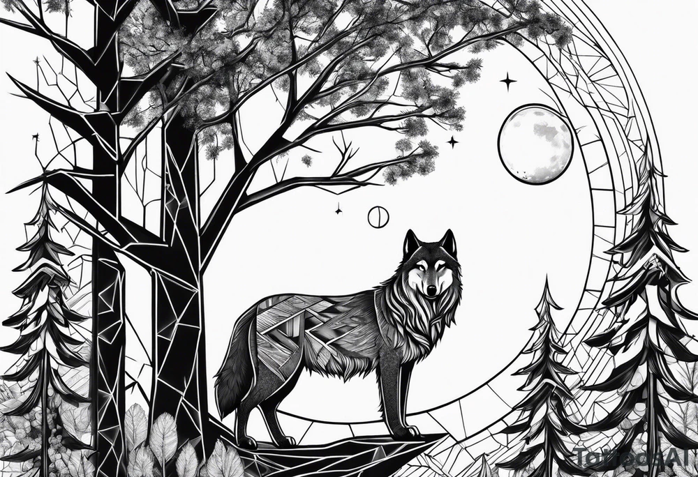 Wolf with moon, trees and owl tattoo idea