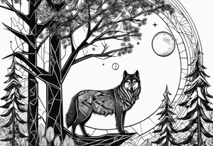 Wolf with moon, trees and owl tattoo idea