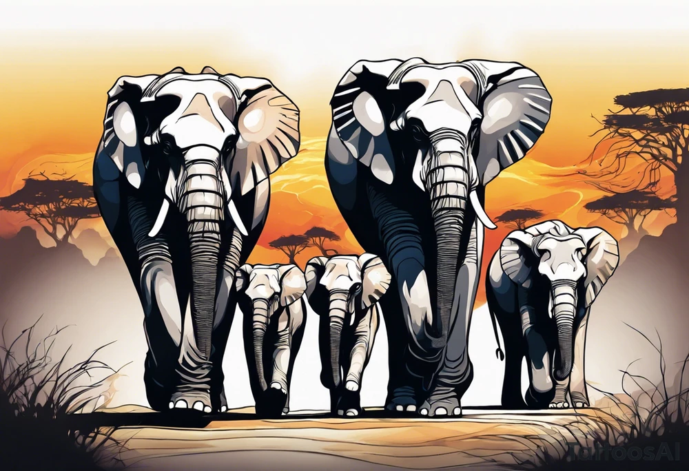 family of 6 elephants walking into sunset after one of them has died tattoo idea