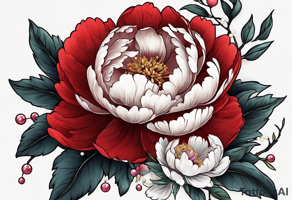 Red peony with pearl necklace and a rabbit tattoo idea