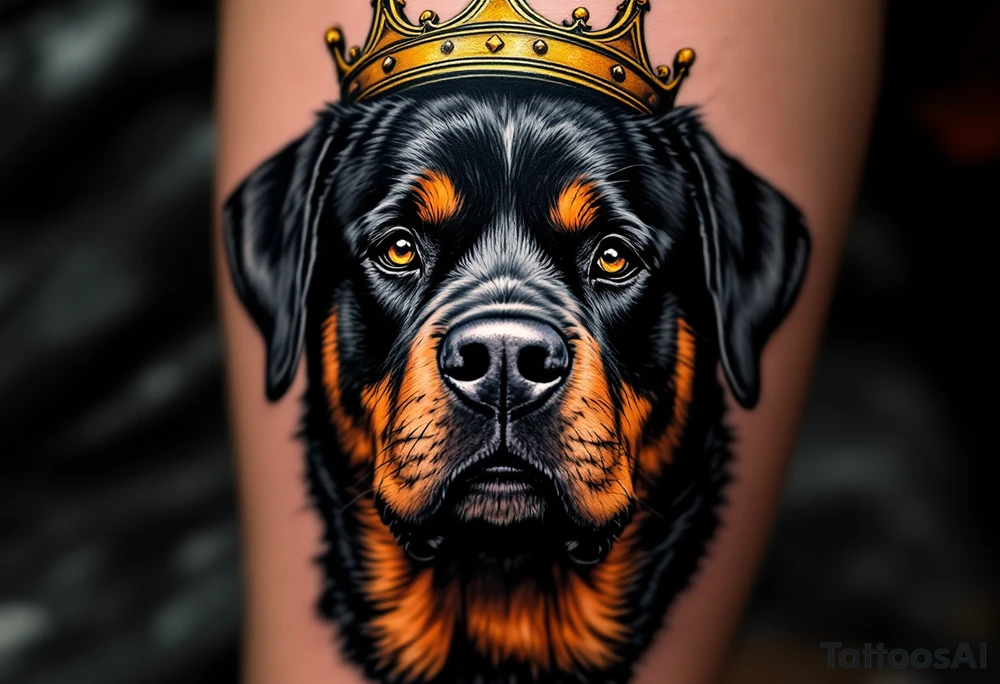 Rottweiler with Crown – A proud black and tan Rottweiler wearing a worn gold crown, symbolizing loyalty and strength. Hyper-realistic fur texture with warm amber eye details. tattoo idea