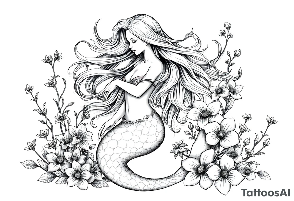 ethereal mermaid with flowing hair among coral and sea flowers tattoo idea