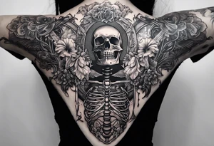 back tattoo with the word momento mori included plus two hands coming together. One skeleton the other real. would also like a sword/something similar going down my spine tattoo idea