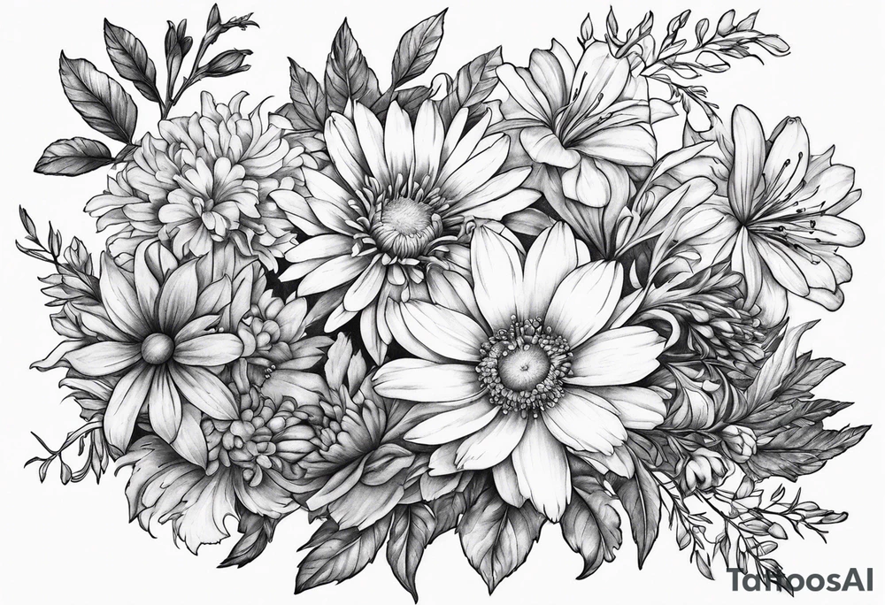Aster and larkspur bouquet tattoo idea