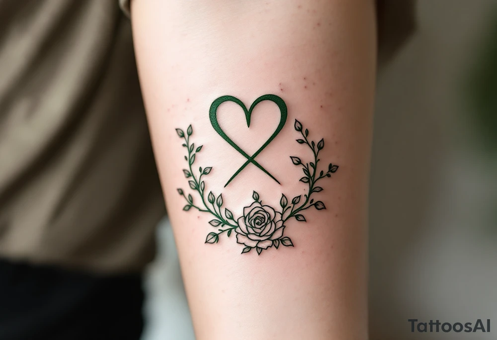 An earthy green rune of love, surrounded by vines and soft rose petals, emphasizing love’s growth and beauty. tattoo idea