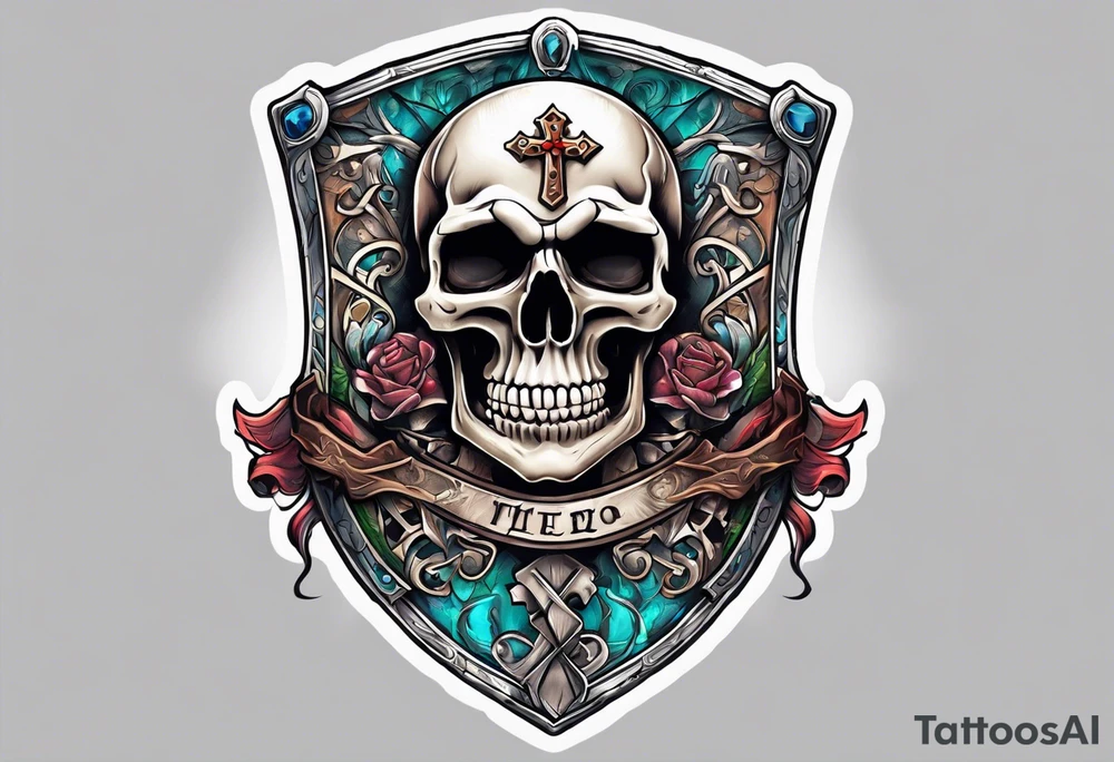skeleton holding a shield with a cross on it tattoo idea