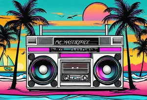 1980'S BOOM BOX MIAMI VICE STYLE, BEACH SUNSET, PALM TREES, MUSIC NOTES tattoo idea