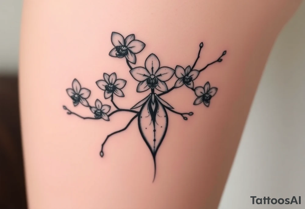 Five delicate fine line orchids different size realistic a mix with vagina female. Are connected with branches tattoo idea