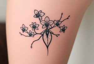 Five delicate fine line orchids different size realistic a mix with vagina female. Are connected with branches tattoo idea