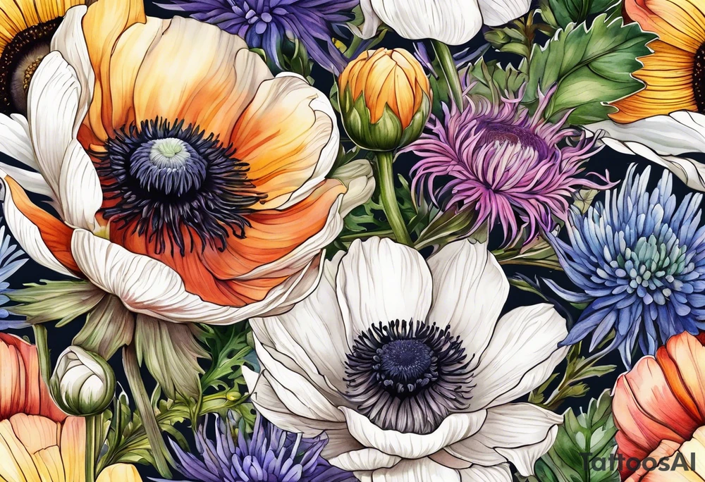 one white anemone with black center in the middle of mixed colorful wildflowers all with different shapes including thistles, ferns, ranuculus, and sun flowers all in watercolor tattoo idea