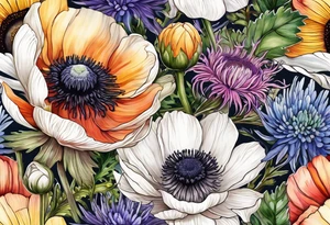 one white anemone with black center in the middle of mixed colorful wildflowers all with different shapes including thistles, ferns, ranuculus, and sun flowers all in watercolor tattoo idea