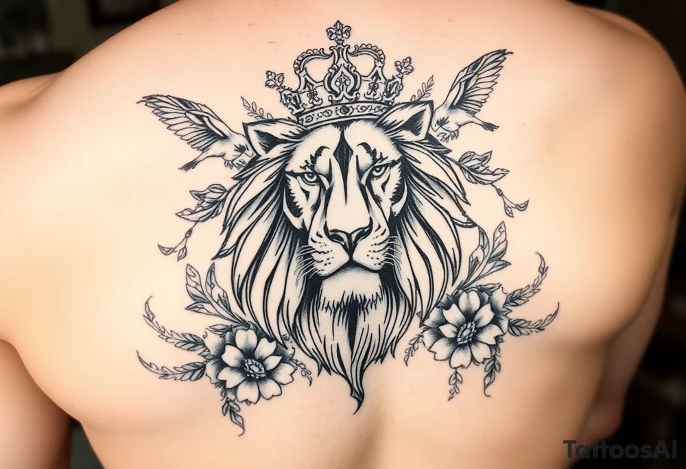 powerful majestic lion with a crown, surrounded by floral ornaments and birds tattoo idea