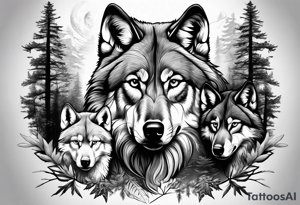 Alpha wolf in forest with 2 cubs tattoo idea