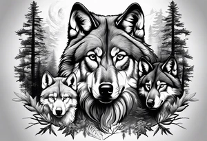 Alpha wolf in forest with 2 cubs tattoo idea