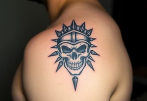 A skull crowned with a spiked helmet, surrounded by a dark aura, in shades of grey and silver, symbolizing strength and defiance tattoo idea