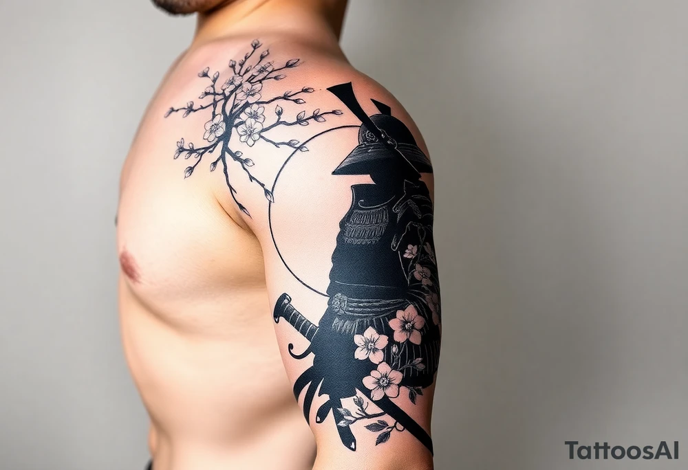 noble samurai warrior silhouette at sunset with cherry blossoms tattoo idea
