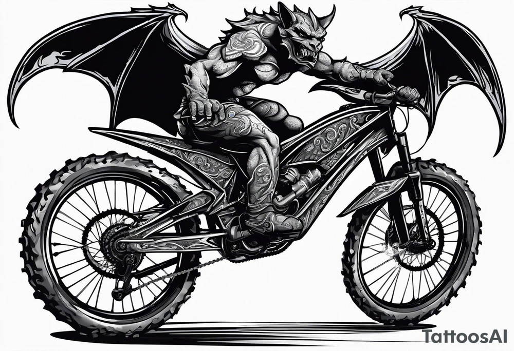 gargoyle riding a full suspension mountain bike with a shadow no background tattoo idea