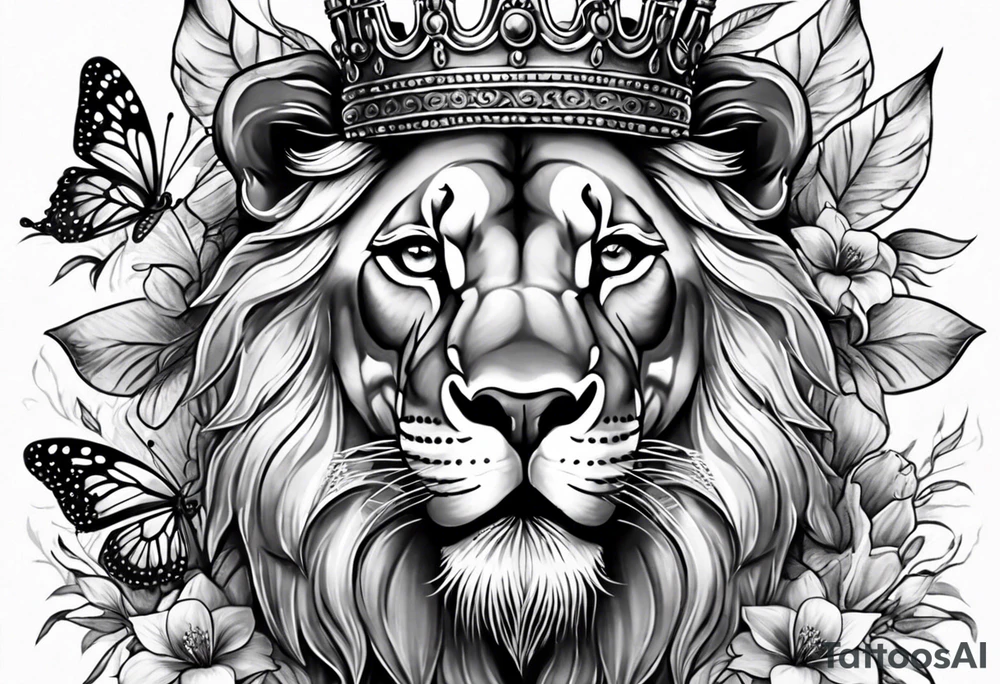 African lion lilies butterflies crown tattoo idea
