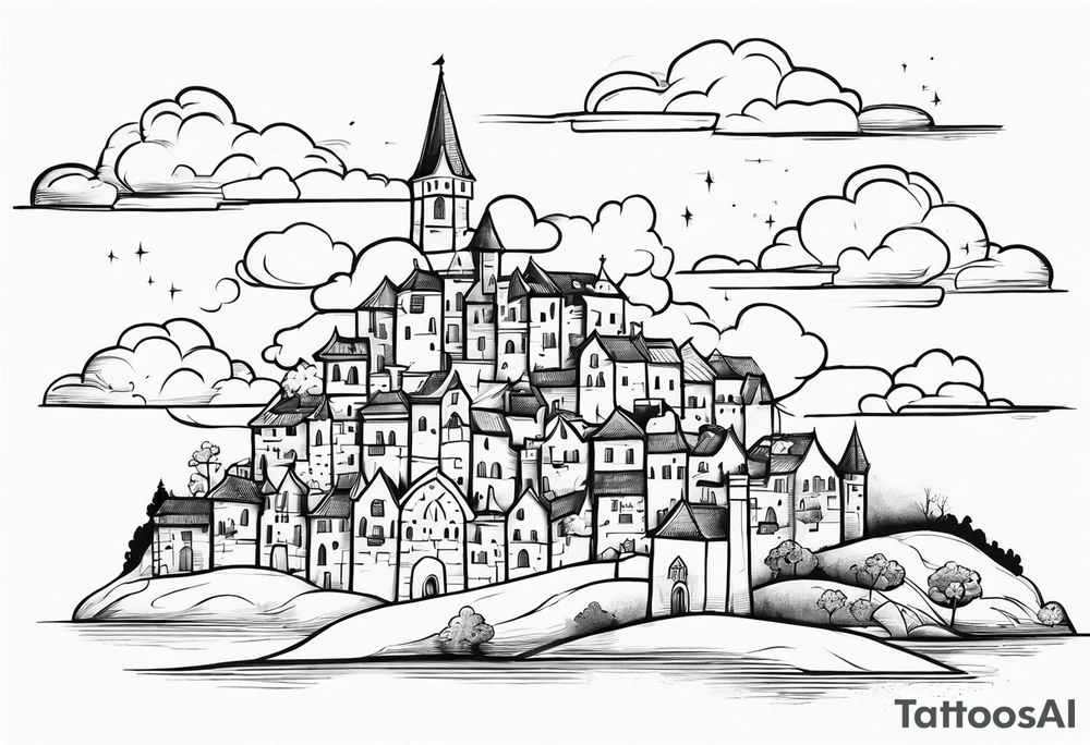 cloud medieval town tattoo idea