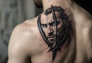 close-up man behind a trident tattoo idea