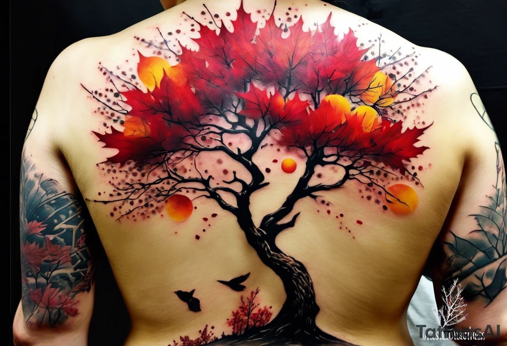 trash polka style. Arm tattoo. chest tattoo. Long tattoo. large tattoo. Full sleeve. Shoulder. A single large maple tree with red autumn leaves that branches upwards from wrist to shoulder. White-throated dipper bird on the trees branches. Calluna flowers at the base of the trees stem. Red/yellow sunset behind the trees stem. Leaves falling. tattoo idea