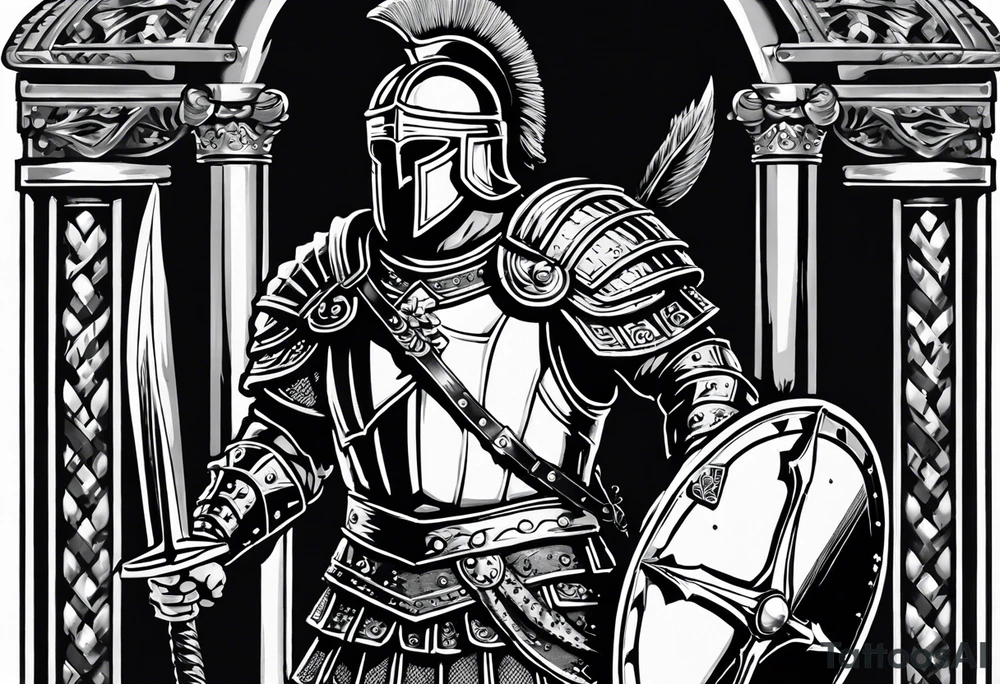 high quality black and white illustration, full body image, a strong tall roman centurion, wearing armour, wearing a belt, wearing a metal breastplate, holding a large shield, wearing a helmet, holding a sword. Flaming arrows are being fired at the centurion, he is blocking the arrows with his shield tattoo idea