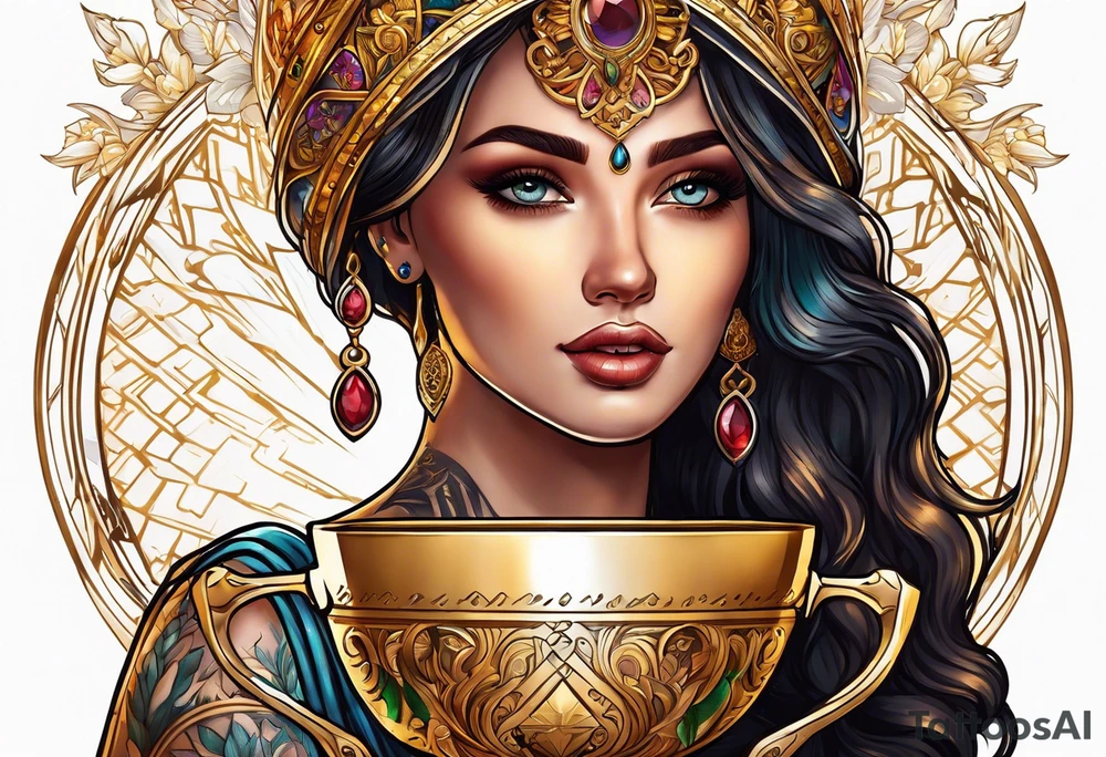 woman holding chalice surrounded by golden halo tattoo idea