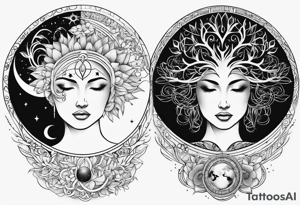 spiritual feminine tattoo for sleeve without faces, just sun and moon, tree of life and powerful symbols 24 feet tall by 4 inches wide tattoo idea