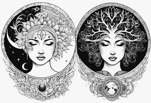 spiritual feminine tattoo for sleeve without faces, just sun and moon, tree of life and powerful symbols 24 feet tall by 4 inches wide tattoo idea