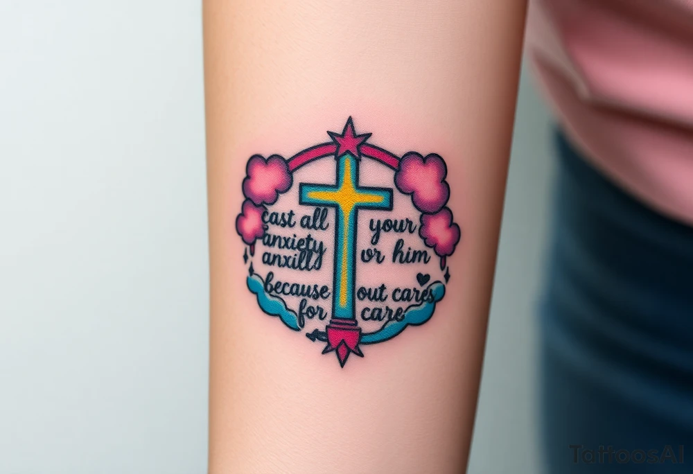 cast all your anxiety on him because he cares for you"  surrounded with clouds and cross tattoo idea