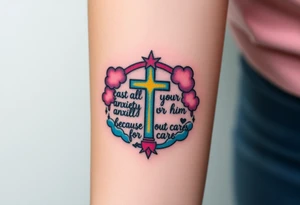 cast all your anxiety on him because he cares for you"  surrounded with clouds and cross tattoo idea