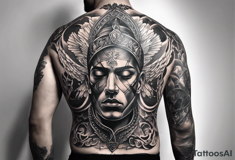 An aesthetic but unpretentious tattoo that is placed on the upper back of a male. It should represent catholic religion, discipline, pain and the love to animals. tattoo idea
