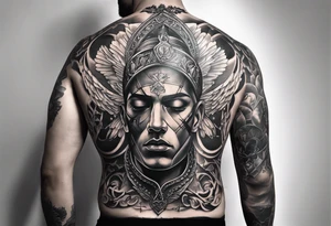An aesthetic but unpretentious tattoo that is placed on the upper back of a male. It should represent catholic religion, discipline, pain and the love to animals. tattoo idea