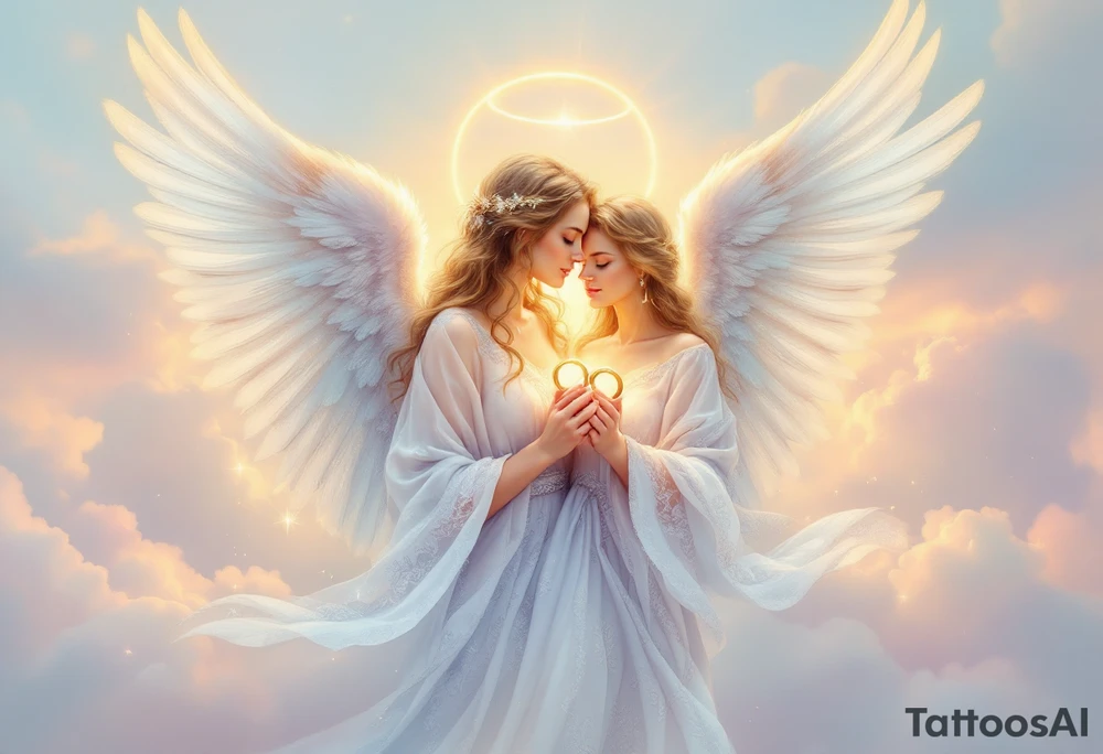 A majestic guardian angel with soft, flowing wings, gently cradling a pair of intertwined golden wedding rings in its hands. The angel’s robe is made of delicate white and silver filigree patterns, flowing like silk in the wind. A radiant halo of soft golden light hovers above its head, casting a gentle glow. The background features subtle pastel clouds in shades of pale pink, lavender, and sky blue, giving the design a dreamy, ethereal feel. tattoo idea