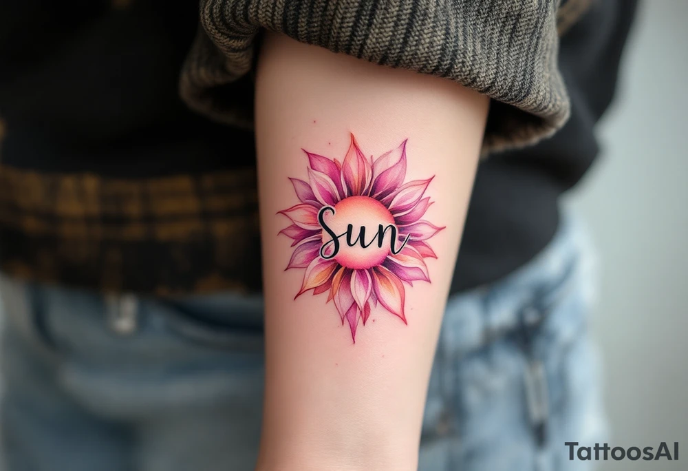Word "Sun" written vertical with sunflower in pink tattoo idea