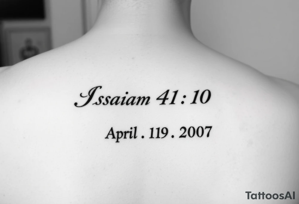 Forearm tattoo that has the Bible verse Isaiah 41:10 and has Roman numerals for April 15th 2007 tattoo idea