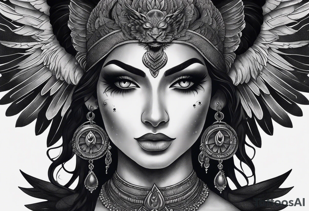 black kali, goddess pirate, alien, angel, pachamama, valkrye, warrior, flying, skull, lotus azul, wing, eagle, zenza resonance, stars, 5D, anahata chakra, death, durga, riding on a tiger, flying lady, kundalini, chest tatoo, samuri, rebel,s erpent tattoo idea
