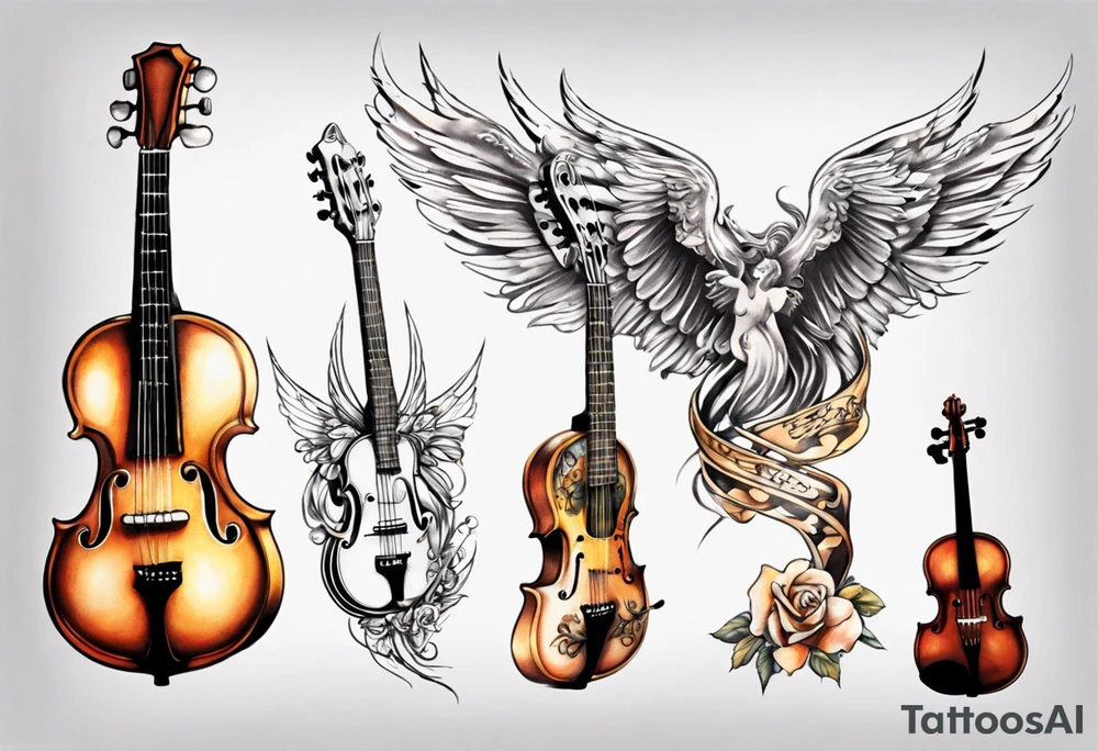 GUITAR LEANING AGAINST A VIOLIN WITH ANGLE WINGS tattoo idea