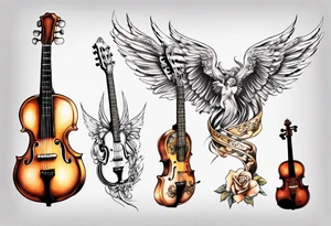 GUITAR LEANING AGAINST A VIOLIN WITH ANGLE WINGS tattoo idea