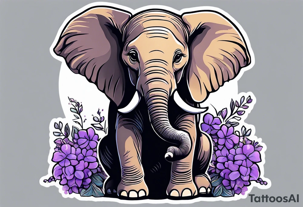 Baby elephant sitting with lilacs in its trunk tattoo idea