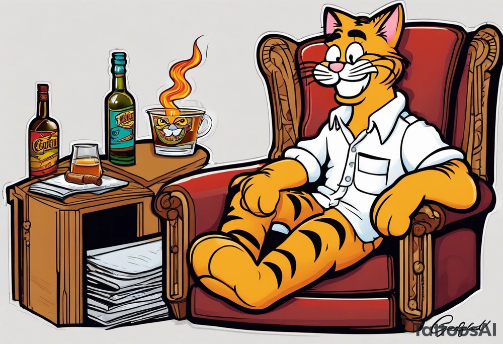 Garfield on a recliner , whiskey , cigar tattoo idea