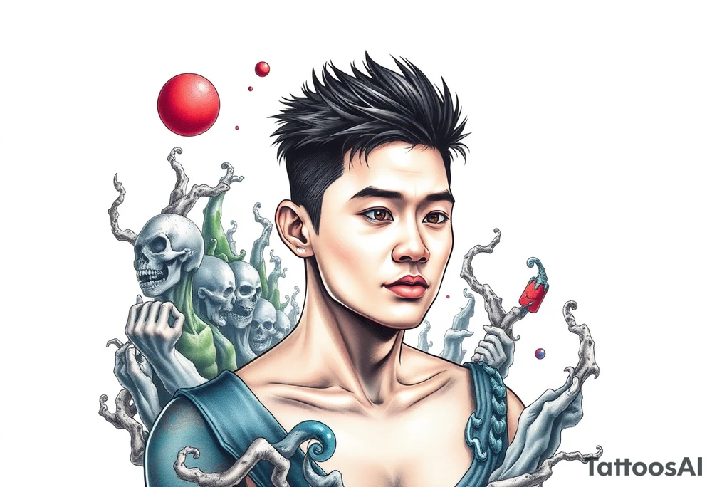 Handsome Asian young guy lost in a cursed labyrinth tattoo idea