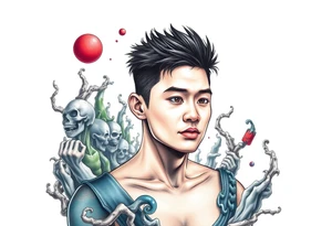 Handsome Asian young guy lost in a cursed labyrinth tattoo idea