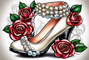 Pearl necklace wrapped around 1950s pinup pumps with roses surrounding tattoo idea