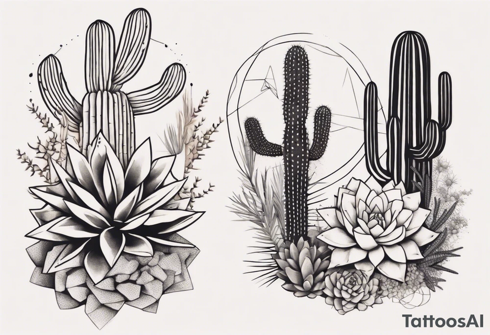 Leg tattoo, desert flora, geometric shapes, high quality, detailed linework, black ink, minimalist style, warm desert tones, precise shading, cacti, succulents, triangles, circles, intricate patterns, professional, clean design tattoo idea