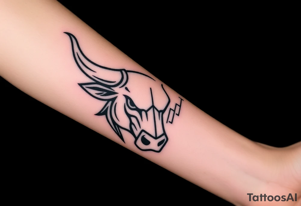 Create a minimalist black line tattoo of a bull’s head that transitions into an upward-trending candlestick stock chart. The design should have clean, fluid lines and combine the bull’s face and horns on the left, with the candlestick chart rising to the right, forming the shape of the bull’s jaw/neck. Keep the style simple and elegant, suitable for a forearm or upper arm tattoo.” tattoo idea